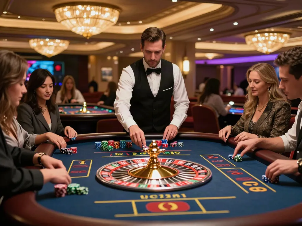 Engaging casino scene at https://fc88v1.com/ with a professional dealer, luxurious roulette table, and vibrant ambiance.