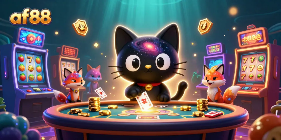 Engage with af88 in a vibrant cosmic casino scene featuring a black hole cat and colorful slot machines.