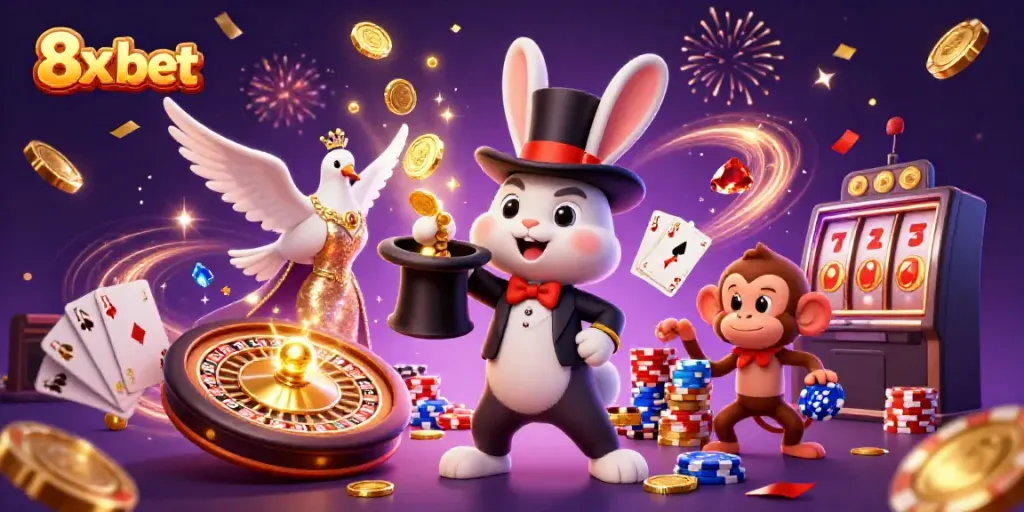 Engage in thrilling gaming adventures with 8x bet featuring a magician rabbit, dove, and monkey in a vivid 3D scene.