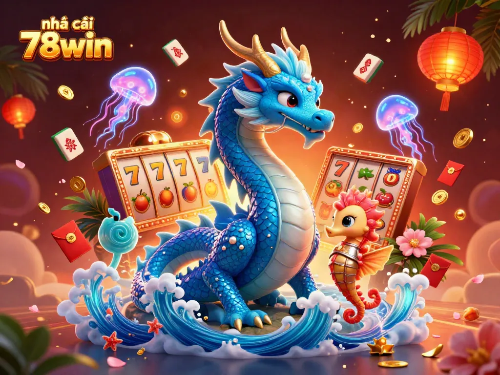Experience thrilling adventures with nhà cái 78win showcasing a vibrant ocean dragon, knight, and gaming elements.