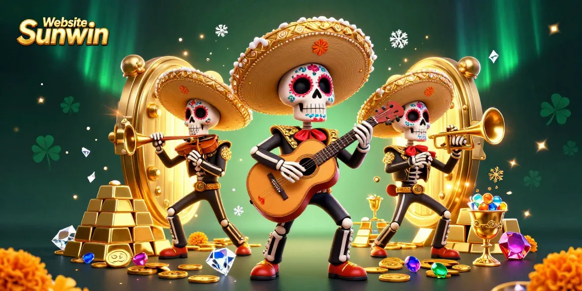 Experience the excitement of the Website Sunwin with colorful mariachi skeletons surrounded by casino treasures.