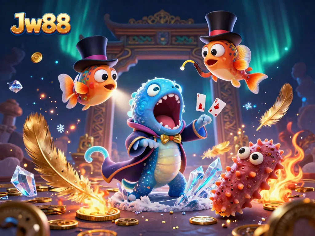 Experience card tricks with Jw88 in an underwater casino magic scene featuring whimsical sea creatures.