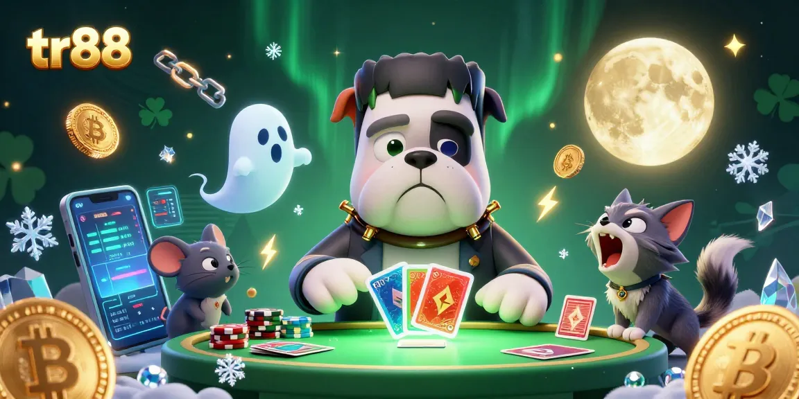 Play casino games like tr88 with a unique twist featuring a cartoon bulldog dealer and vibrant crypto elements.