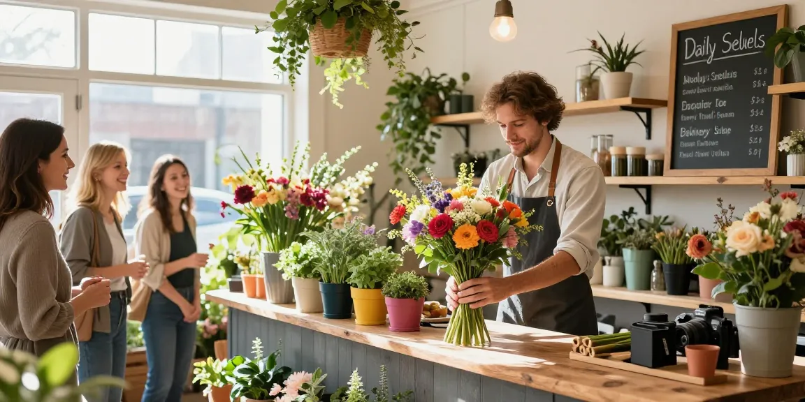 Flower shop St Albert displaying vibrant bouquets and welcoming atmosphere with joyful customers.