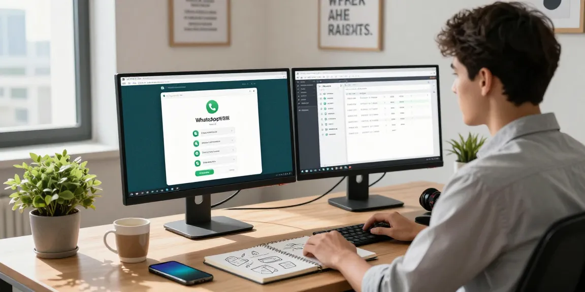 A professional working on WhatsApp網頁版 in a modern office, showcasing productivity and tech engagement.