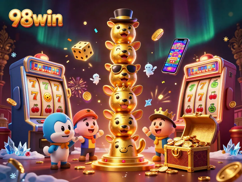 Win big with 98win in this colorful, vibrant casino-themed illustration featuring action-packed slot elements.