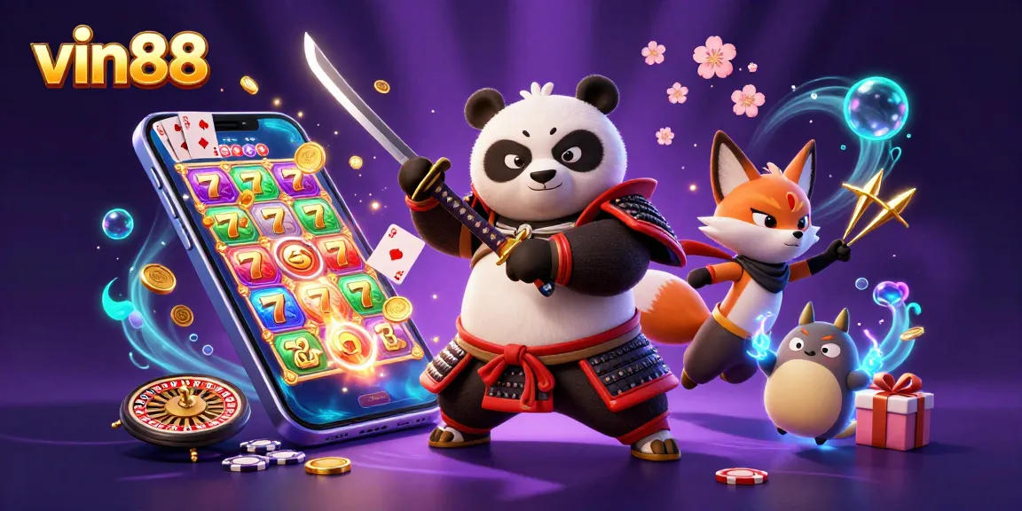 Experience thrilling gaming at vin88 with a samurai panda and ninja fox in an action-packed 3D scene.