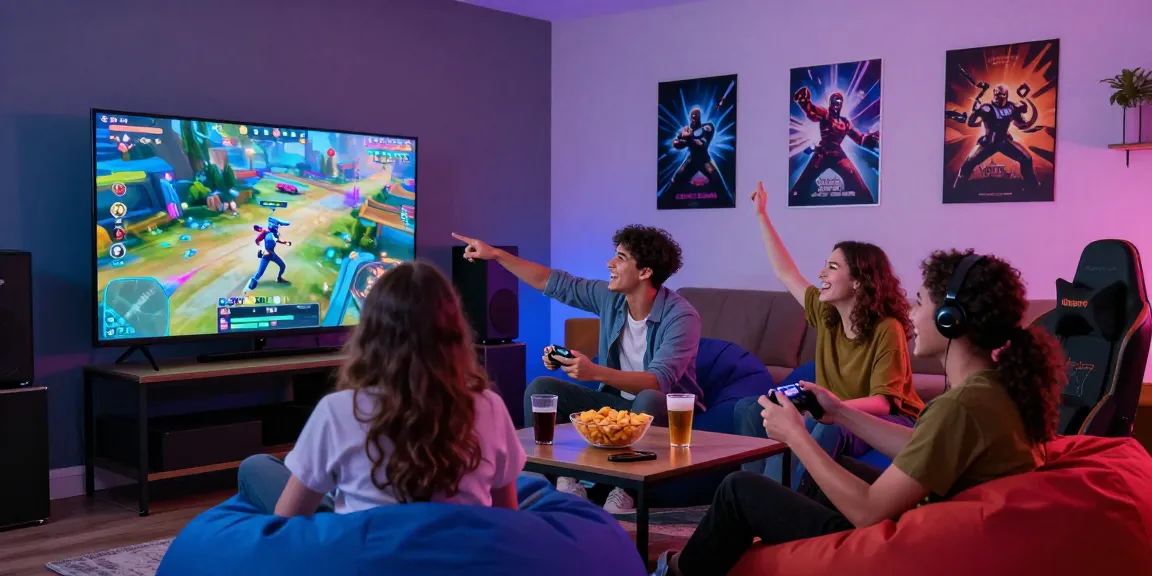 A lively gaming scene with friends playing iwin games, showcasing vibrant atmosphere and social interaction.