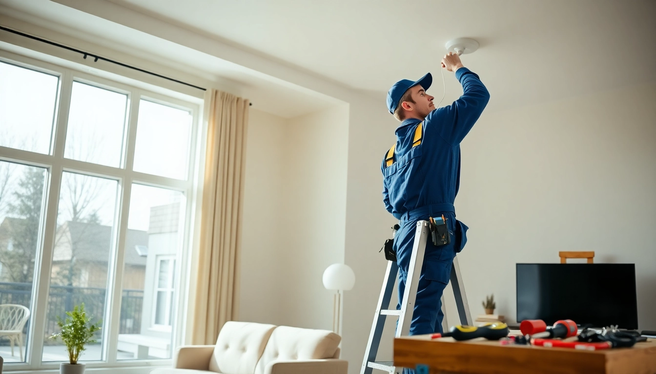 Vancouver electrician installing fixtures in a modern home, showcasing skill and expertise.