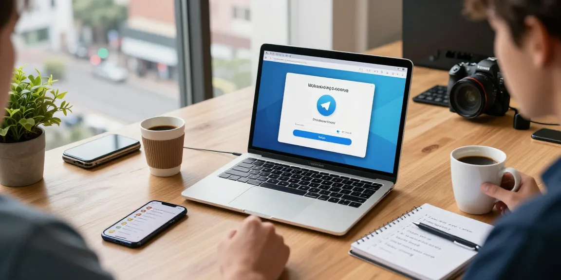 Dynamic workspace with user downloading Telegram app, showcasing tech gadgets and modern atmosphere.
