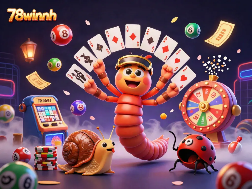 Engage in the vibrant world of 78winnh, where a 3D cartoon millipede dealer showcases excitement with playing cards.