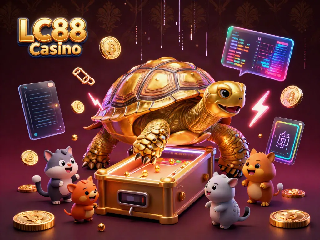 Experience the excitement at LC88 Casino with a lively illustration of a pinball tortoise and vibrant crypto elements.
