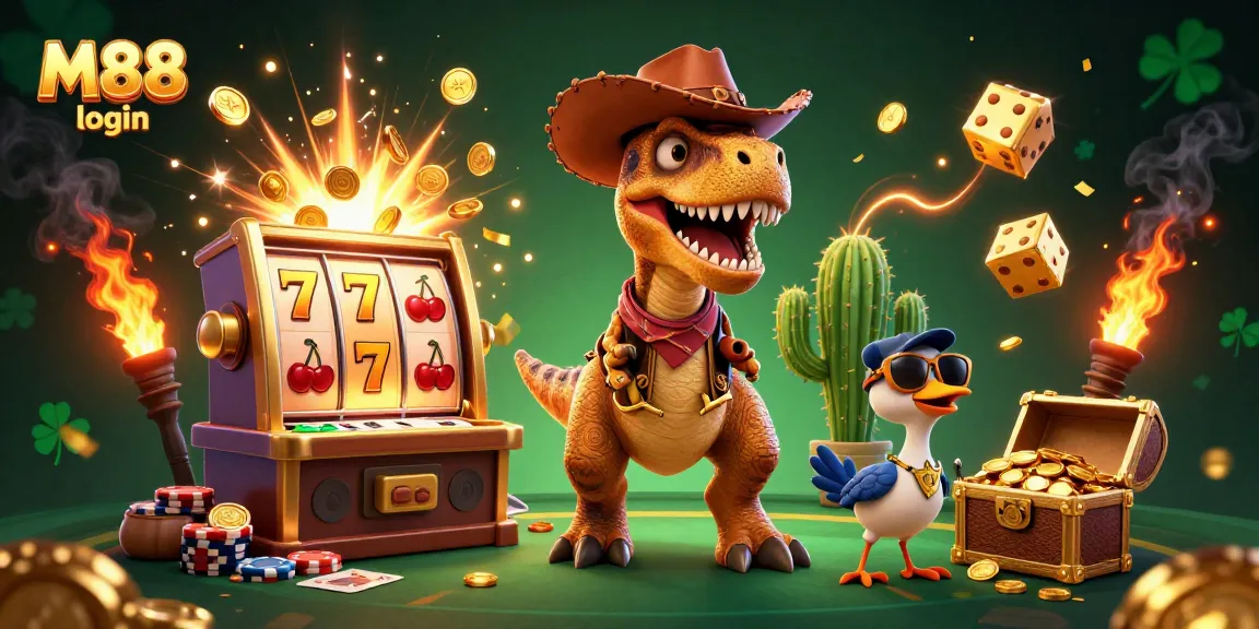 Engage in thrilling gameplay with M88 login, featuring a cowboy dinosaur and casino elements bursting with excitement.