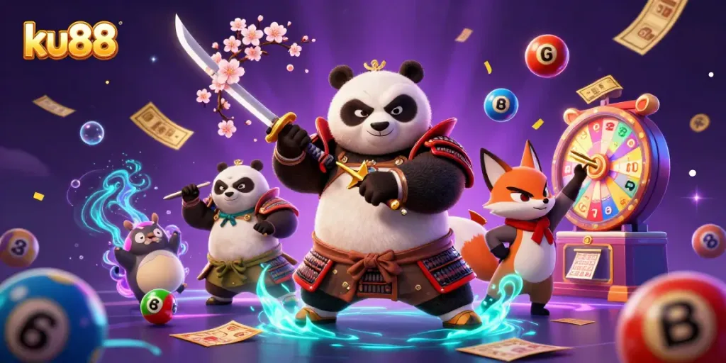 Play thrilling games at ku88 with dynamic visuals of samurai panda, ninja fox, and spirit tanuki celebrating wins.
