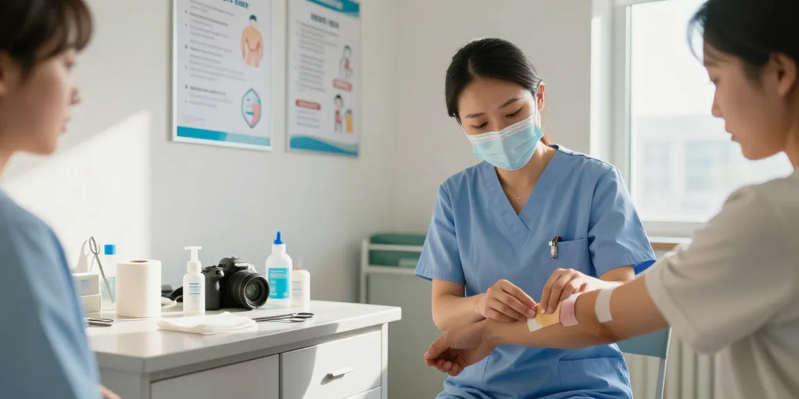 Nurse applying bandage tape to a patient’s arm in a bright healthcare setting, emphasizing proper wound care techniques.