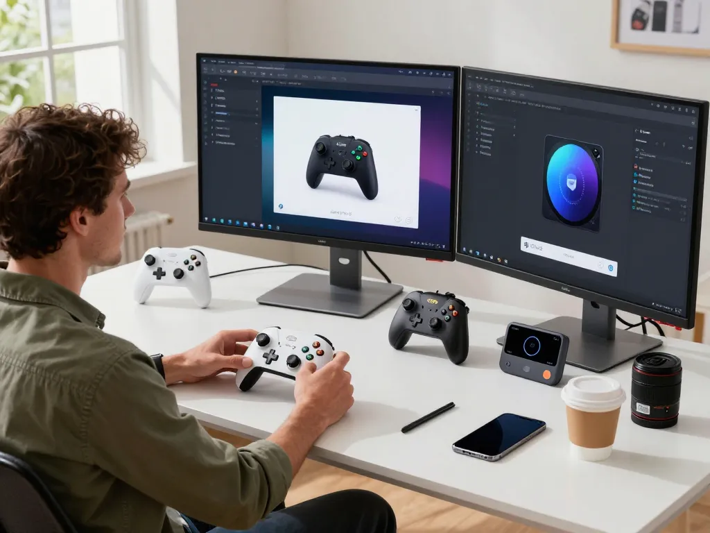 Showcasing the best tech gadgets for men in a modern workspace, featuring Bluetooth devices like 8BitDo controllers.