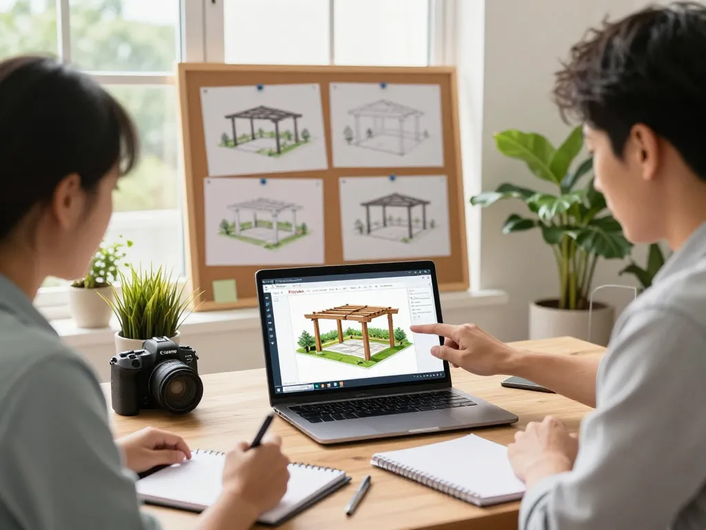 Pergola Configurator Software on a laptop screen with professionals collaborating on a design project in a bright studio.
