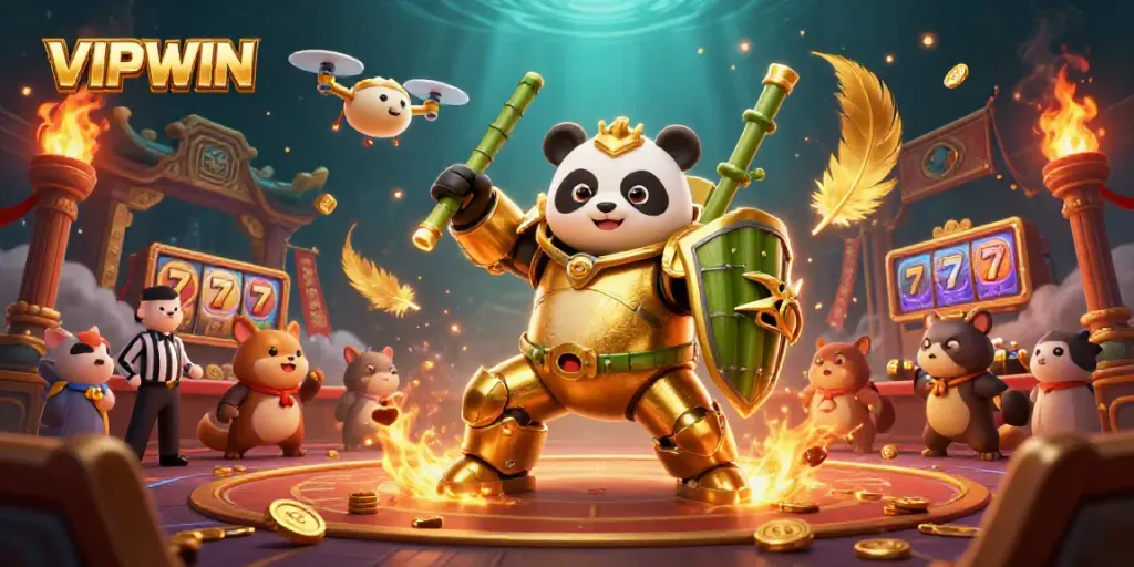 Experience the thrilling atmosphere of VIPWIN with a golden panda in a vibrant casino arena.