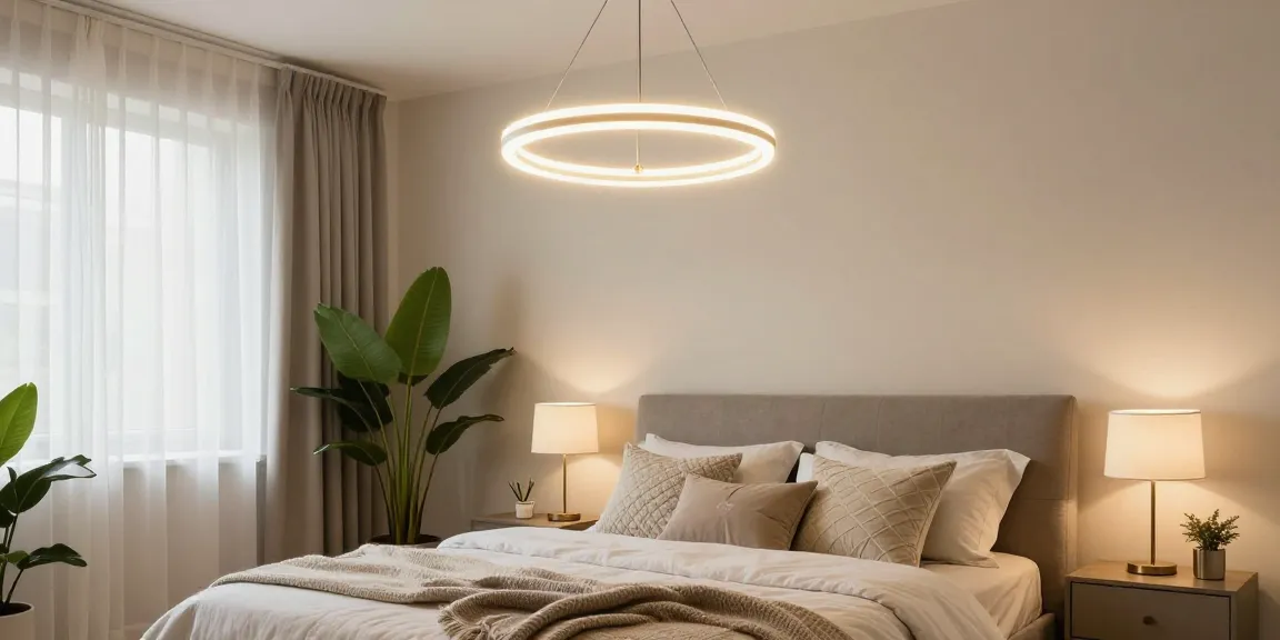 Candelabru dormitor elegant suspendat deasupra patului modern, iluminare caldă și atmosferă confortabilă.