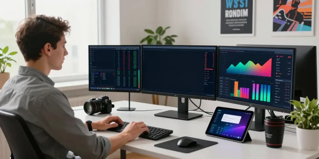 Automated trading with Quantum AI in a modern home office setup, featuring multiple monitors and smartphone alerts.