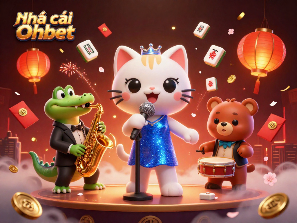 Engage with Nhà cái Oxbet featuring a jazz-singer cat, saxophone crocodile, and drum bear in a vibrant casino illustration.