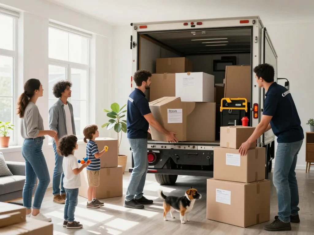 Professionelle Umzugshelfer von Umzugsunternehmen Hannover laden effizient einen Truck mit Möbeln und Kartons für ein reibungsloses Umzugserlebnis.