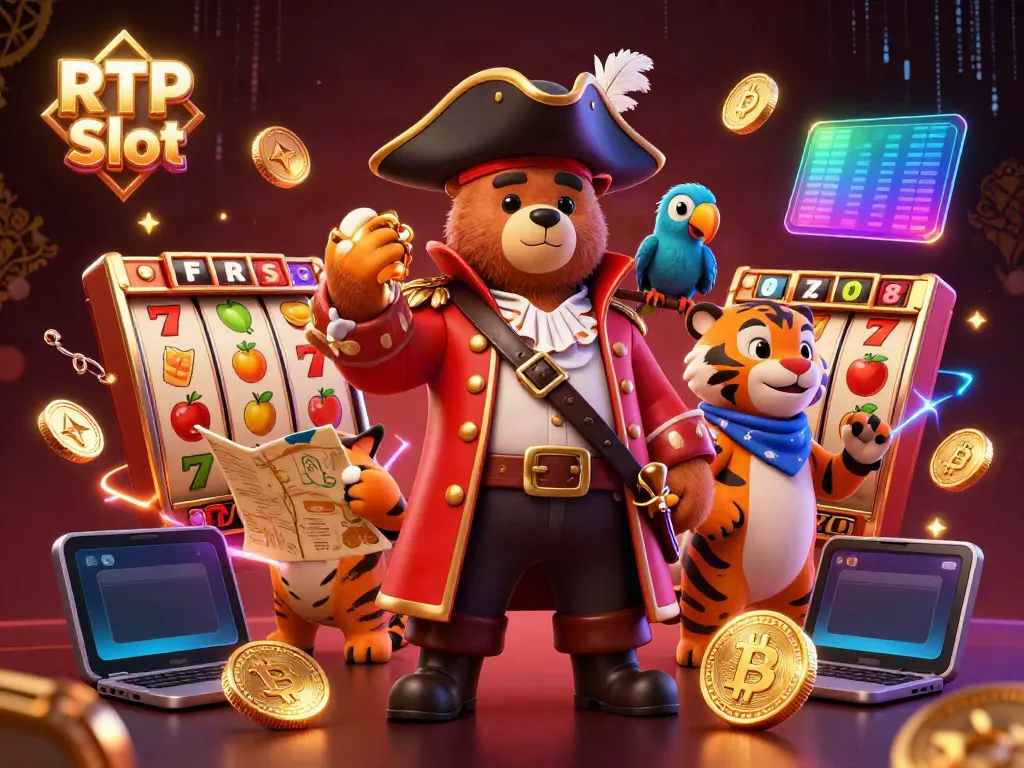 Engage with RTP Slot's vibrant scene featuring a pirate bear and tiger amid slot symbols and crypto elements.