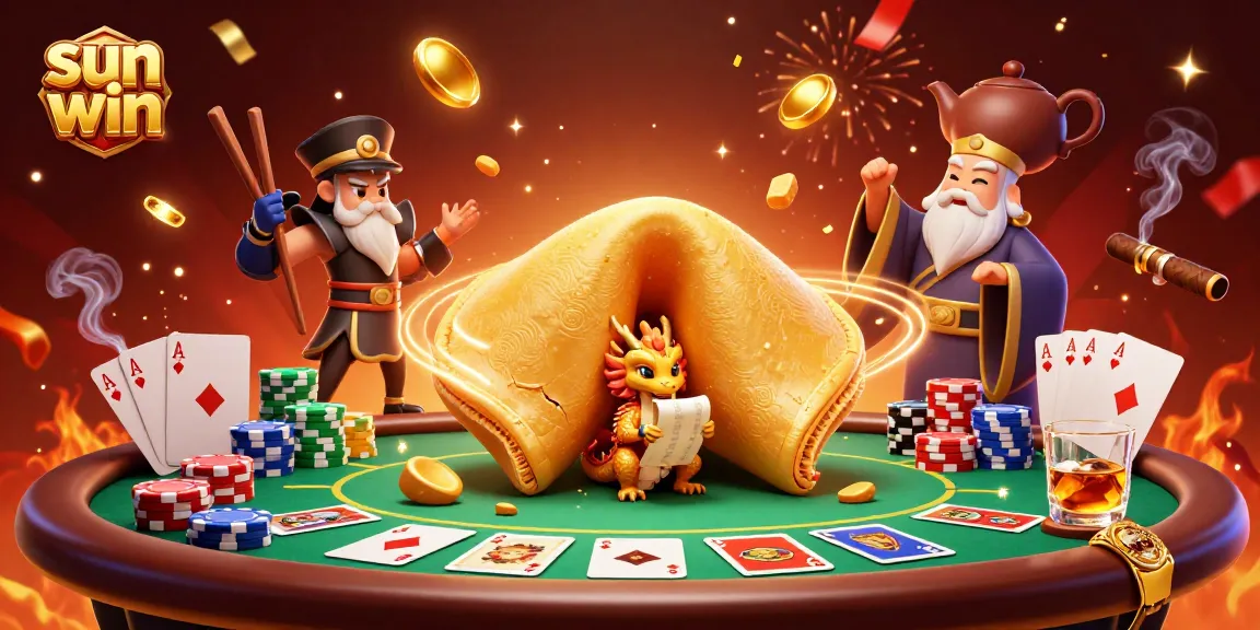 Experience sun win with giant fortune cookie, poker chips, and a wise dragon in this richly detailed illustration.