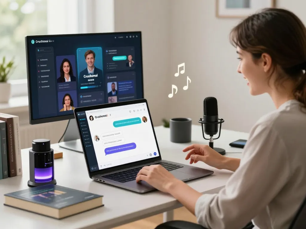 Engaging user featuring crushonai chat AI on a laptop in a stylish workspace, showcasing innovative technology and interaction.