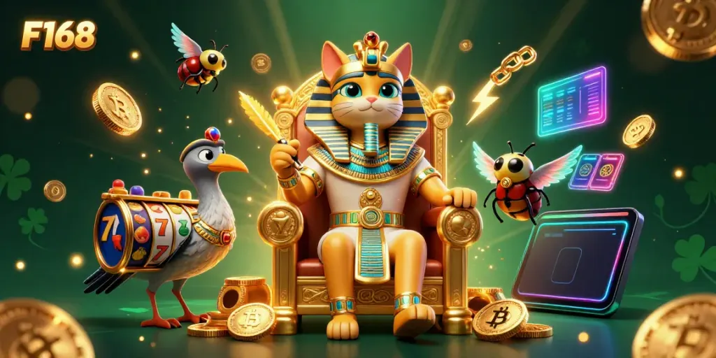Experience exhilarating slot jackpots with F168's vibrant 3D casino illustration featuring a pharaoh cat and crypto coins.