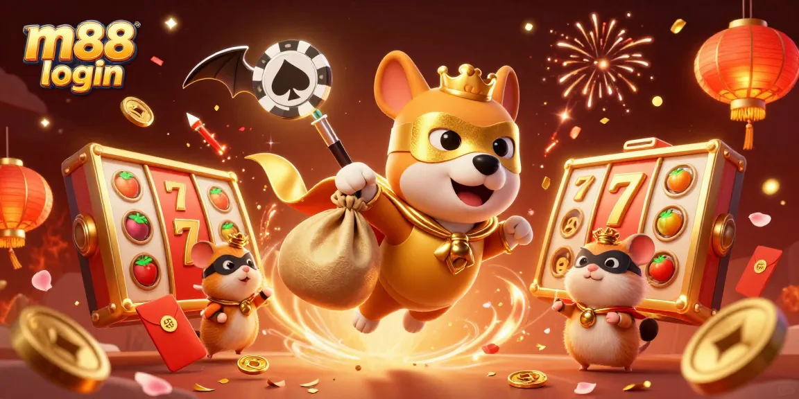 Engage with m88 login in a vibrant scene featuring a superhero dog and hamster, surrounded by colorful casino elements.