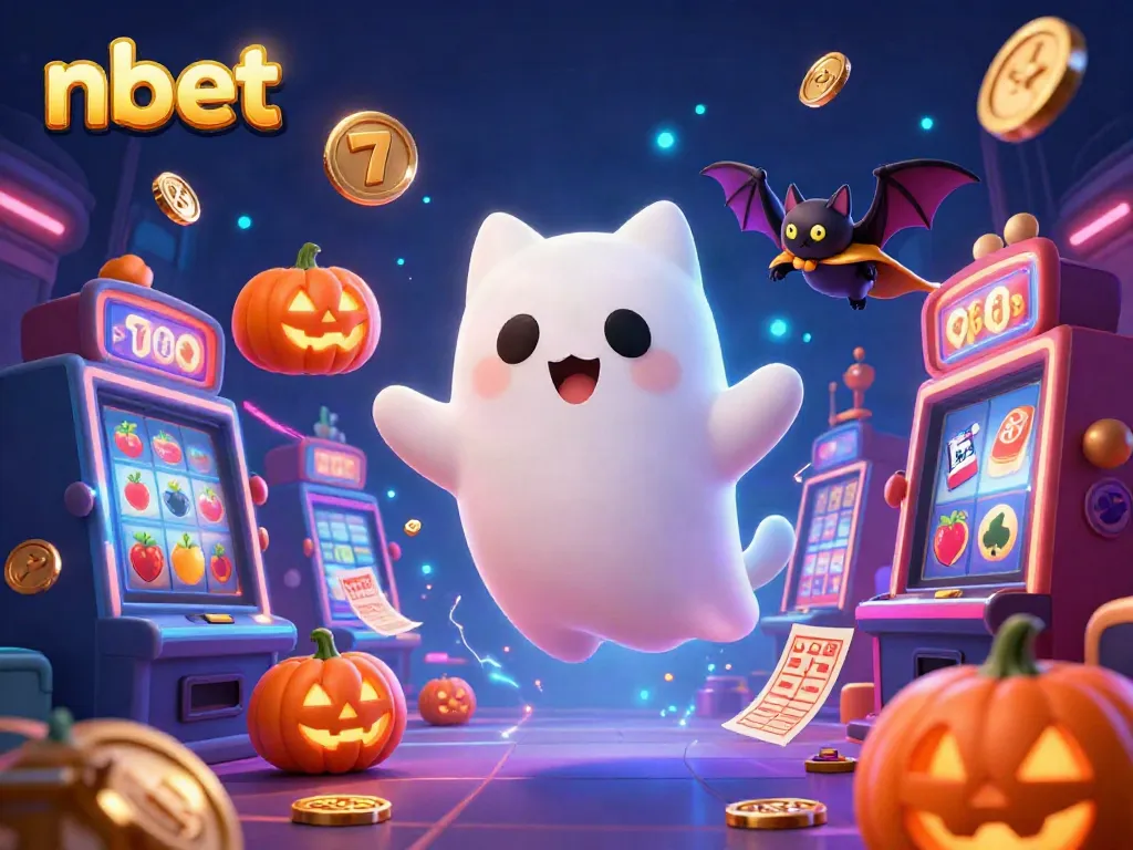 Experience the enchanting nbet gaming world with a floating ghost cat and vibrant slot elements.