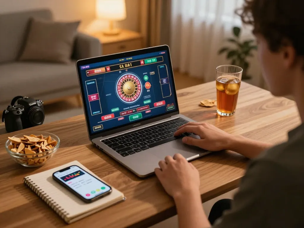 Engaging in online betting activities with keonhacai using laptop and live dealer games.