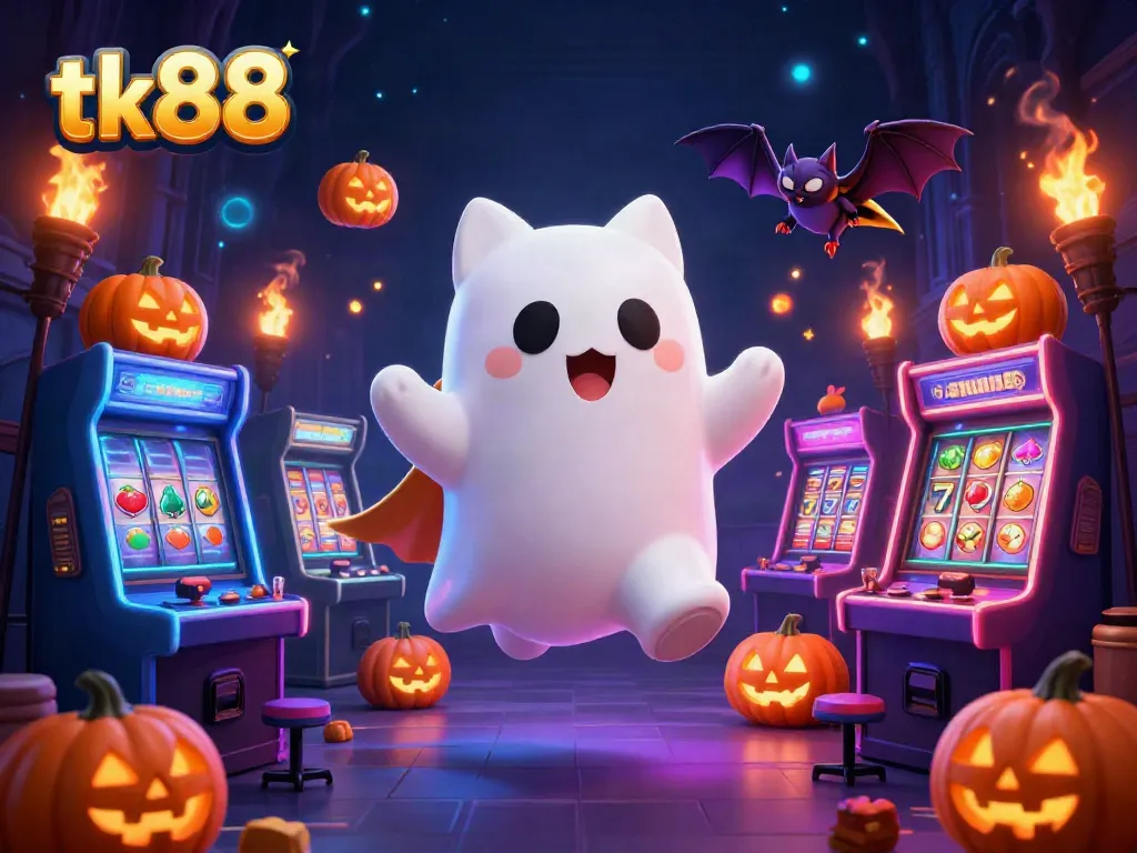 Engage with the tk88 ghost cat in a lively haunted casino, surrounded by exciting game features.