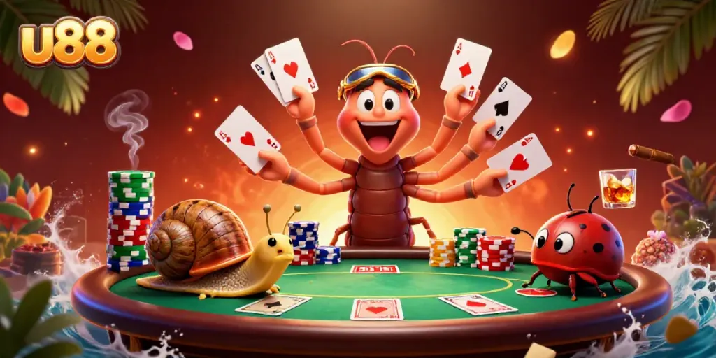 Experience the excitement of U88 with a colorful 3D illustration showcasing lively casino characters and cards.