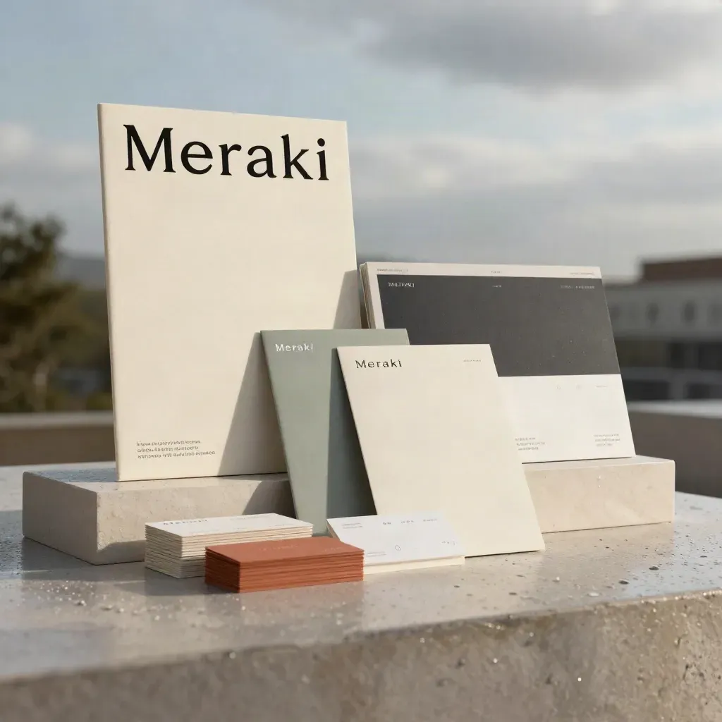 Meraki identity suite on plaster plinths with cards, booklet, sleeve, and web mockup in rain-lit haze.