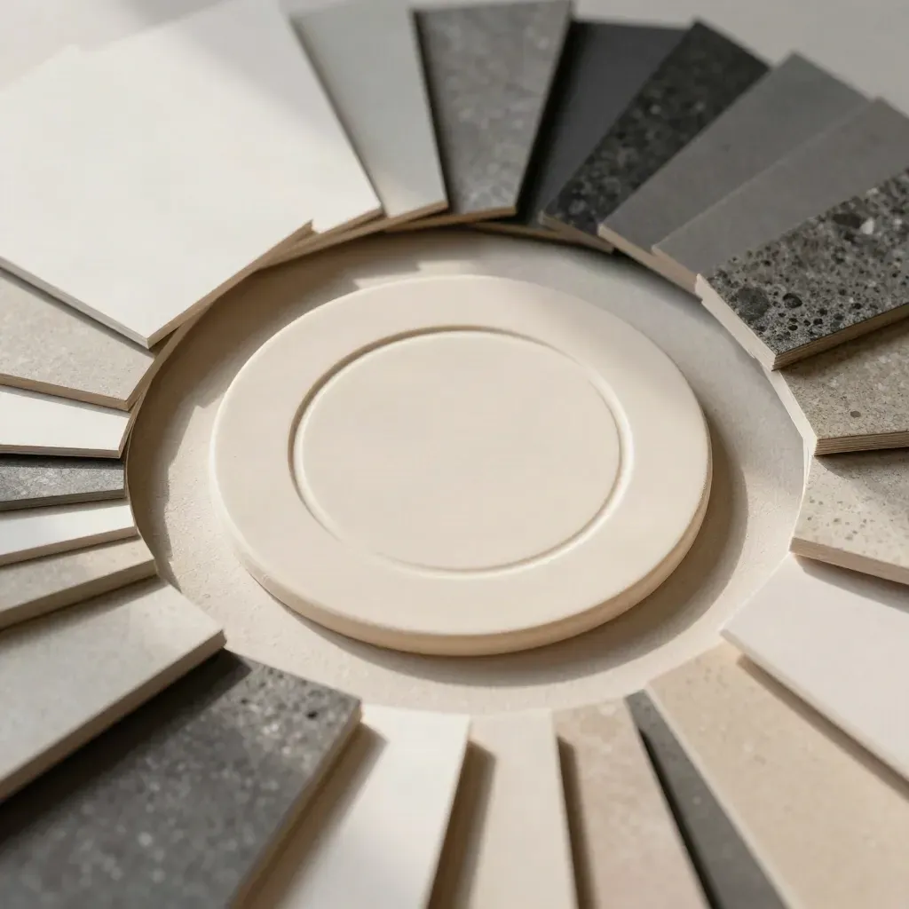 Top-down brand-kit mockup with embossed tile, circular cards and folded swatches on plaster.