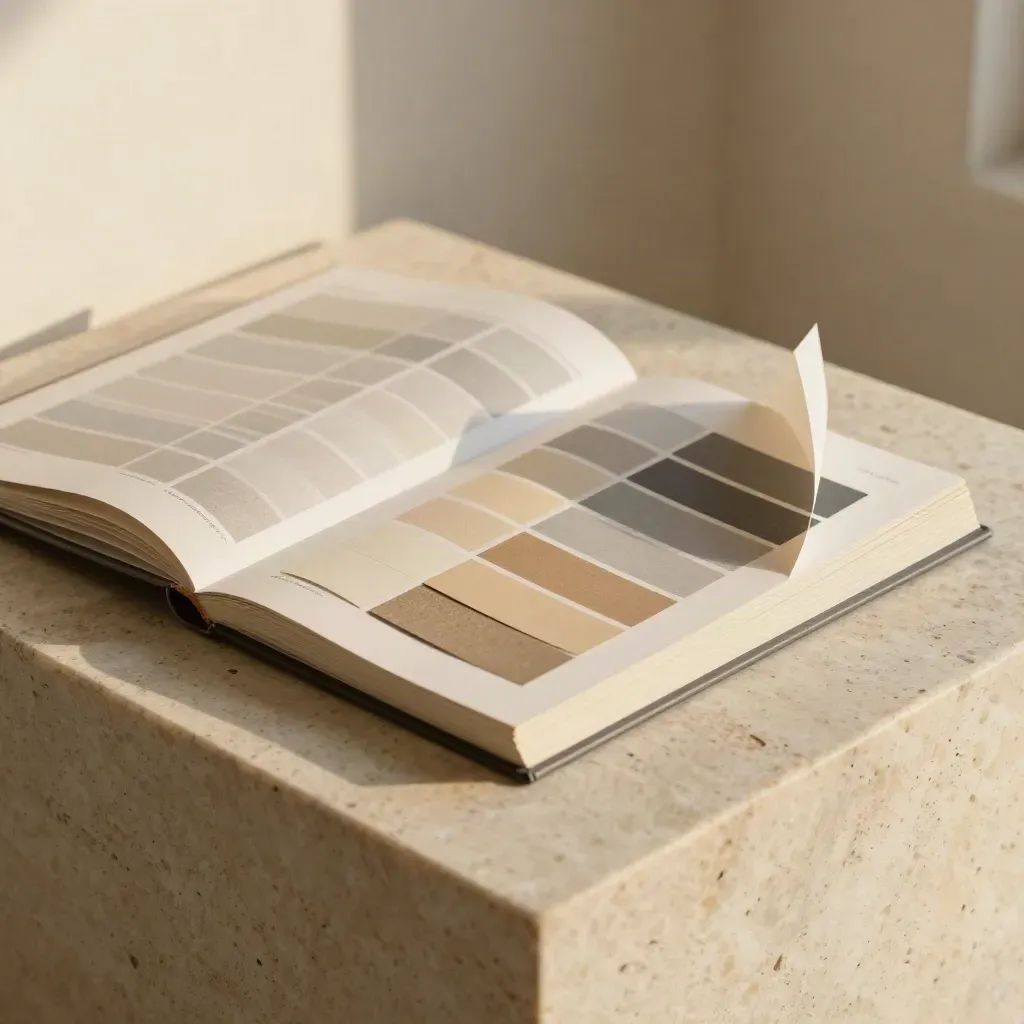 Opened style guide book with color chips and paper swatches on a pale stone slab.