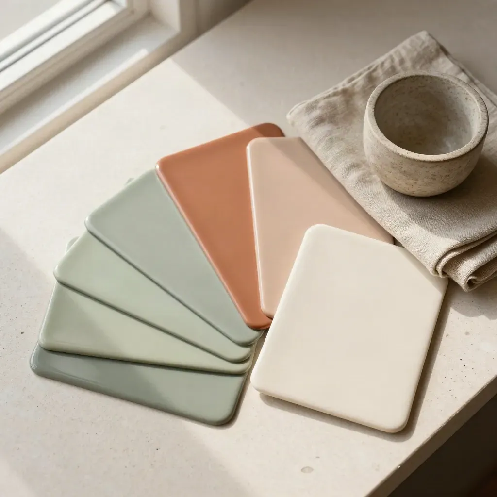 Overhead flatlay of sage, terracotta and cream glaze swatches with linen and a stone cup.