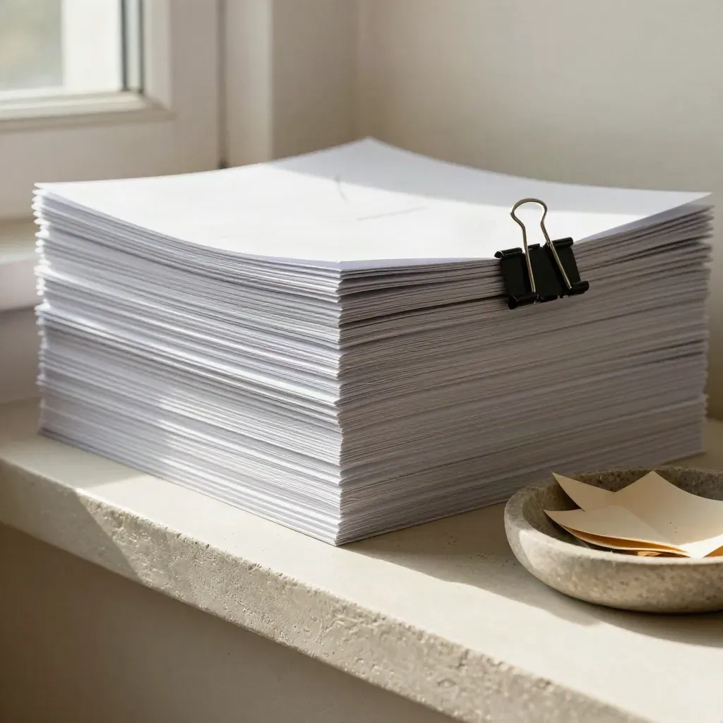 Proof sheets clipped on a stone shelf with a dish and folded paper in soft daylight.