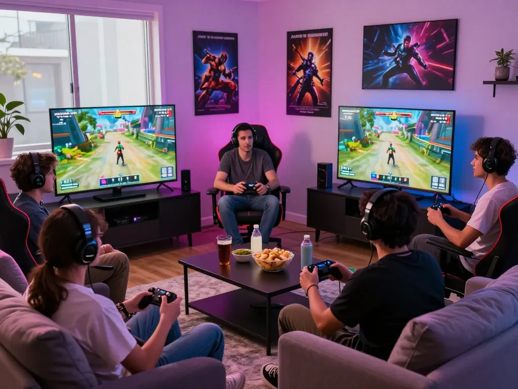 Friends enjoying an exciting gaming session featuring MM88, with colorful ambient lighting and snacks around.