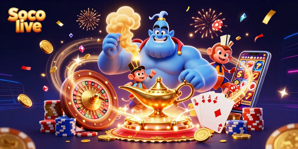Experience thrill with Soco live casino, featuring a dynamic 3D genie, poker chips, and exciting gambling elements.