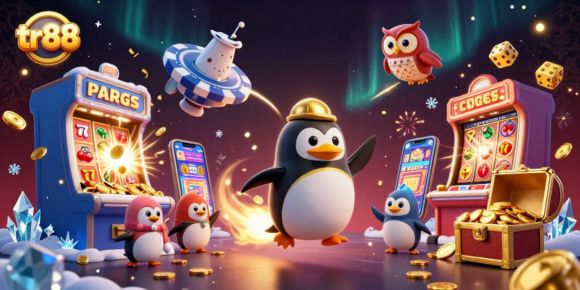 Experience thrilling gameplay at tr88 with a vibrant 3D illustration of a penguin and casino elements.