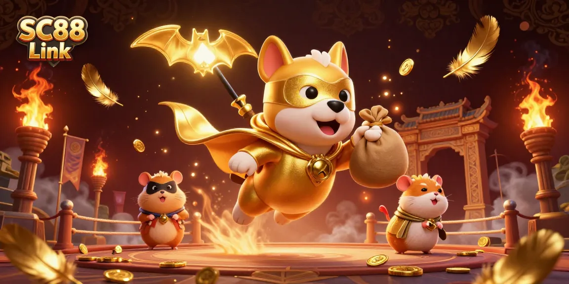 Engage with SC88 Link through an exciting 3D illustration of a superhero dog and hamster at a vibrant casino.