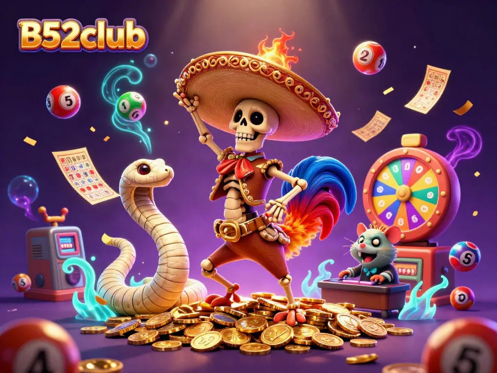 Experience the excitement of B52club with a vibrant gaming illustration featuring engaging characters and dynamic elements.