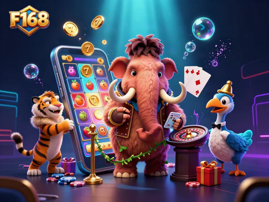 Experience thrilling F168 gaming with a vibrant scene of casino characters and dynamic slot action.