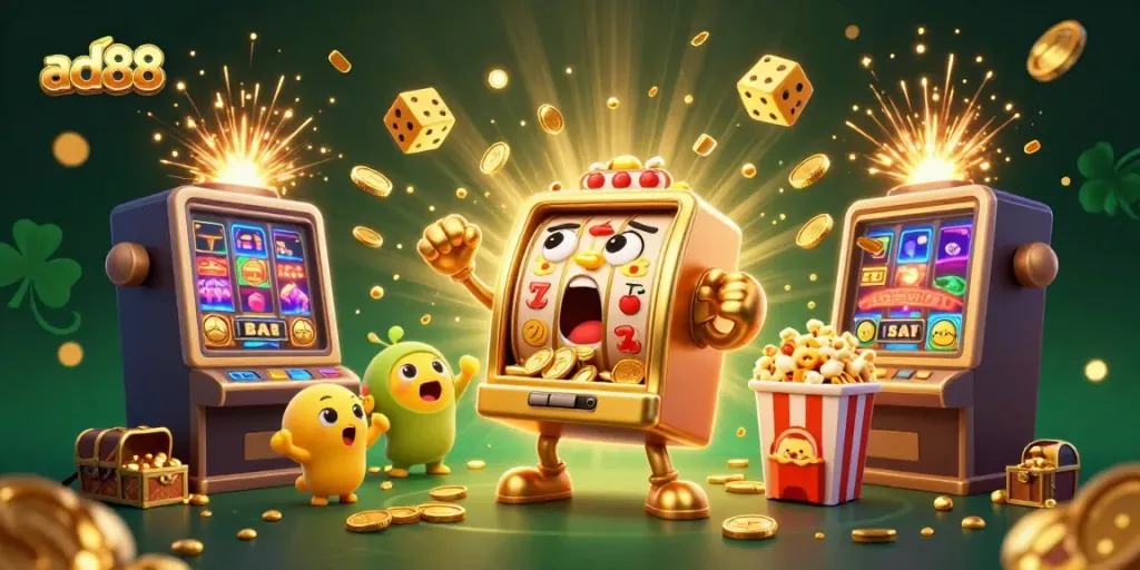 Experience the thrill of ad88 with a golden slot machine hitting the jackpot in a vibrant casino scene.