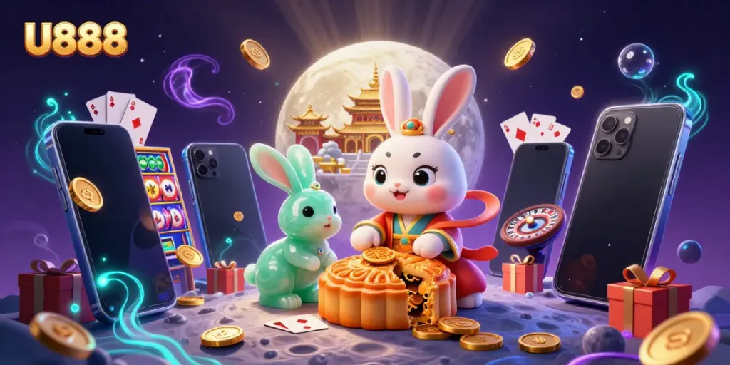 Engage with U888's vibrant online gaming world through a magical scene featuring a moon rabbit and casino elements.