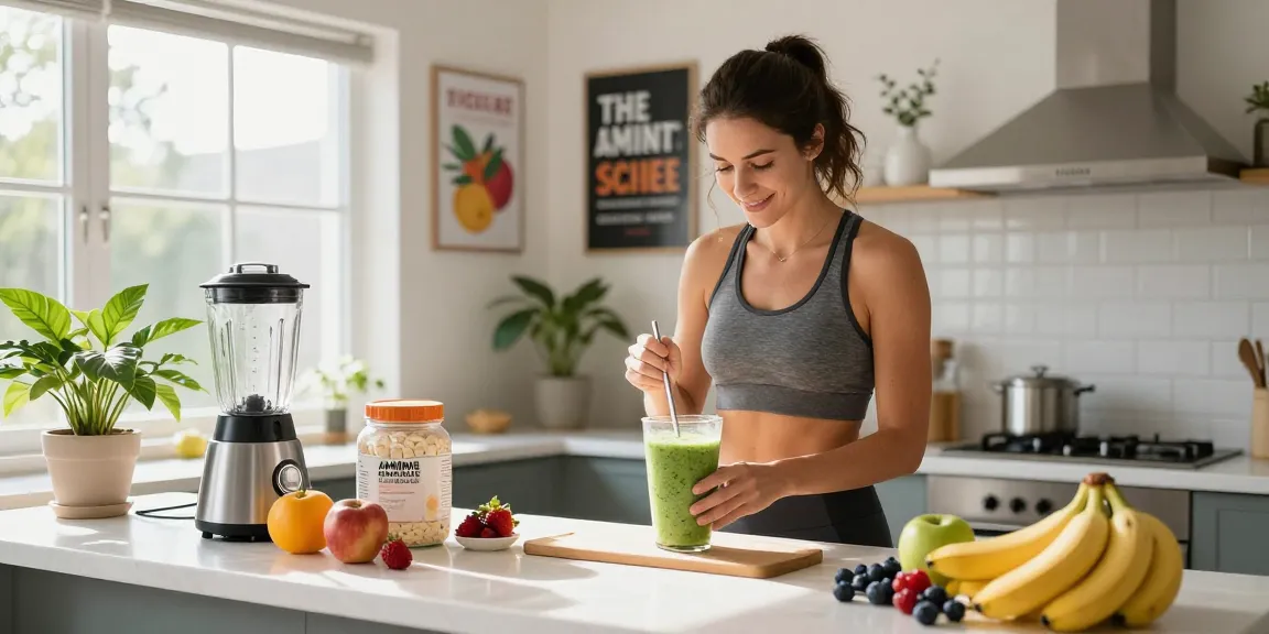 A vibrant kitchen scene showcasing a health enthusiast blending a smoothie rich in amino acids.