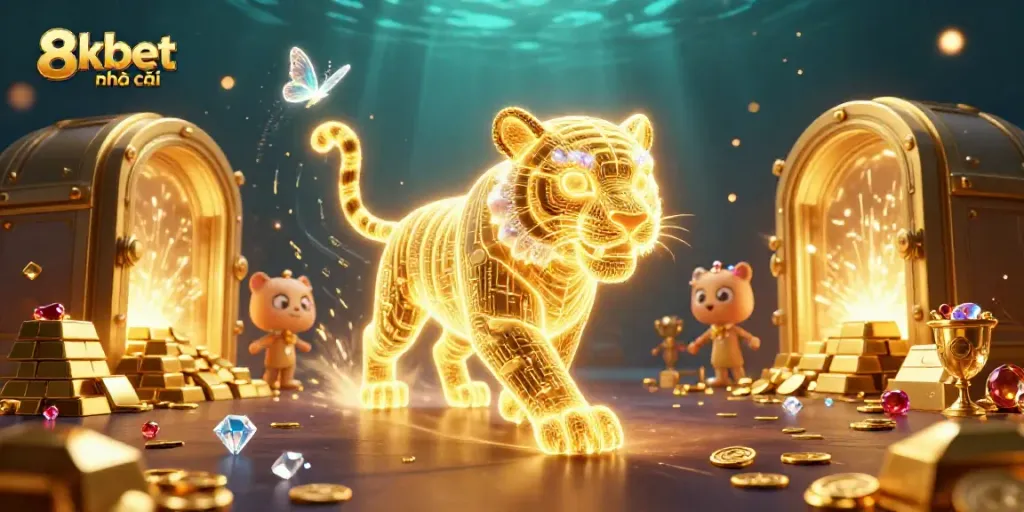 Experience 8xbet nhà cái with dynamic golden tiger and treasure in a vibrant casino landscape.
